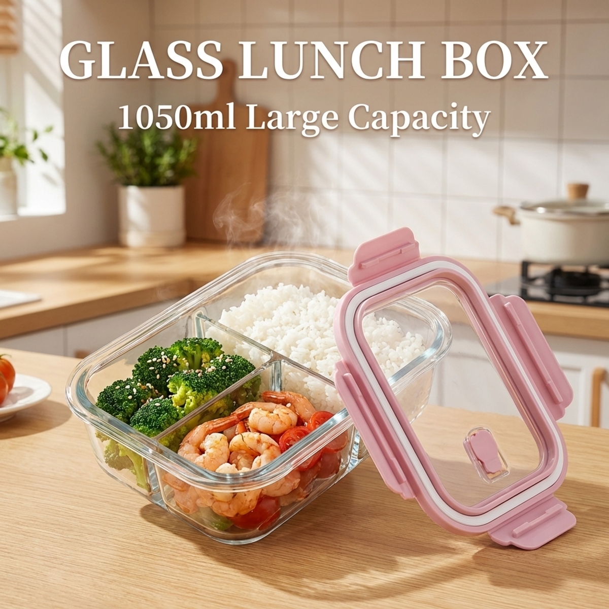 Food Storage With Lock - Pink Glass Lunch Box, 1050ml Large