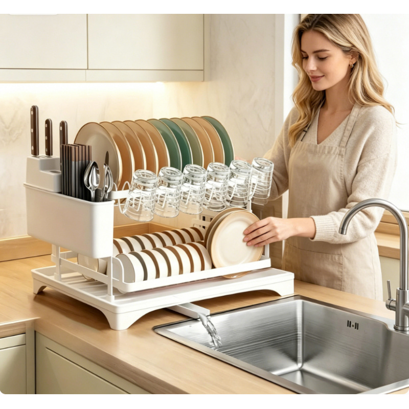 Food Storage Organiser - Household Kitchen 2 Layer Tableware Drainer