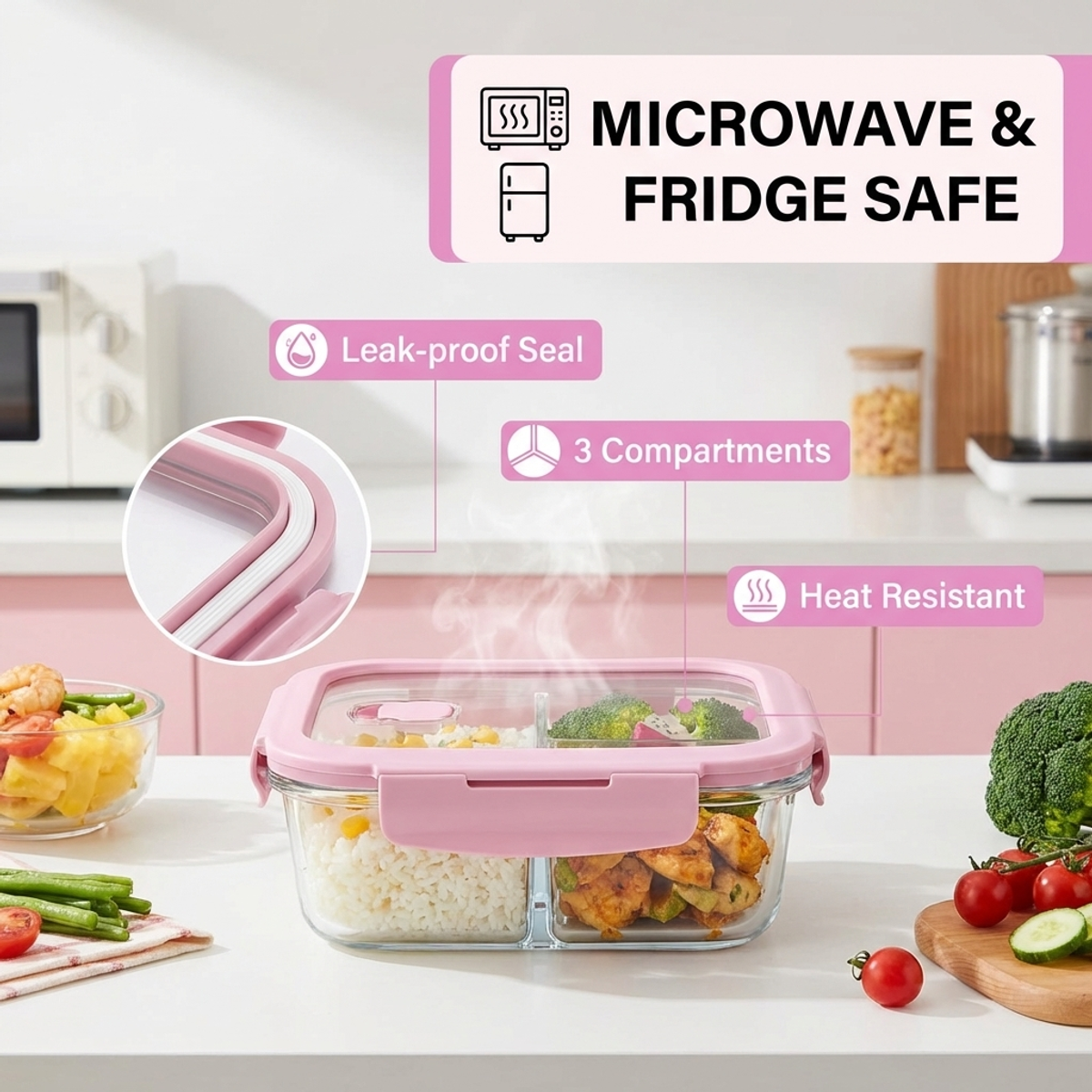 Pink Glass Lunch Box, 1050ml L - Food Storage With Lock recensie en prijs